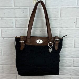 FOSSIL KEY-PER NYLON QUILTED TOTE WITH BROWN GENUINE LEATHER TRIM AND HANG KEYS
